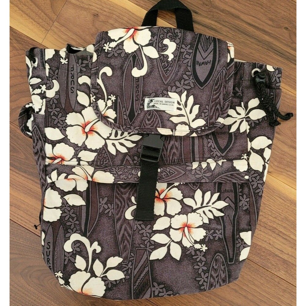 Local Design Backpack Cinch Top Buckle Close Gray Floral 15" x 12"